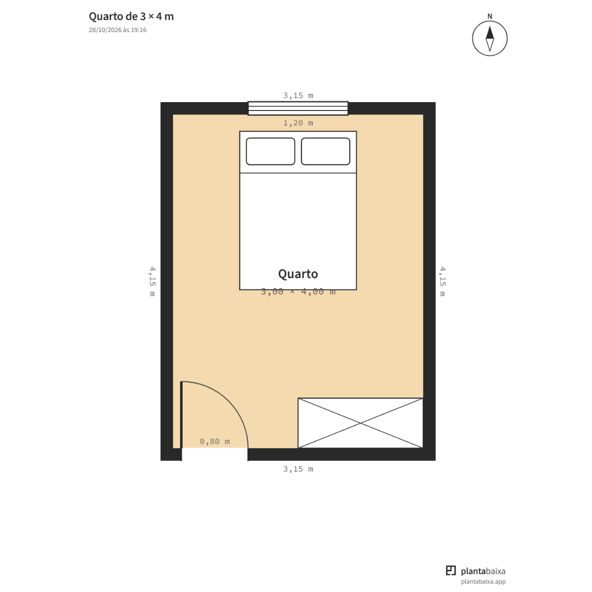 Planta de quarto 3 × 4 m com medidas, com paredes, portas, janelas e móveis vistos de cima.