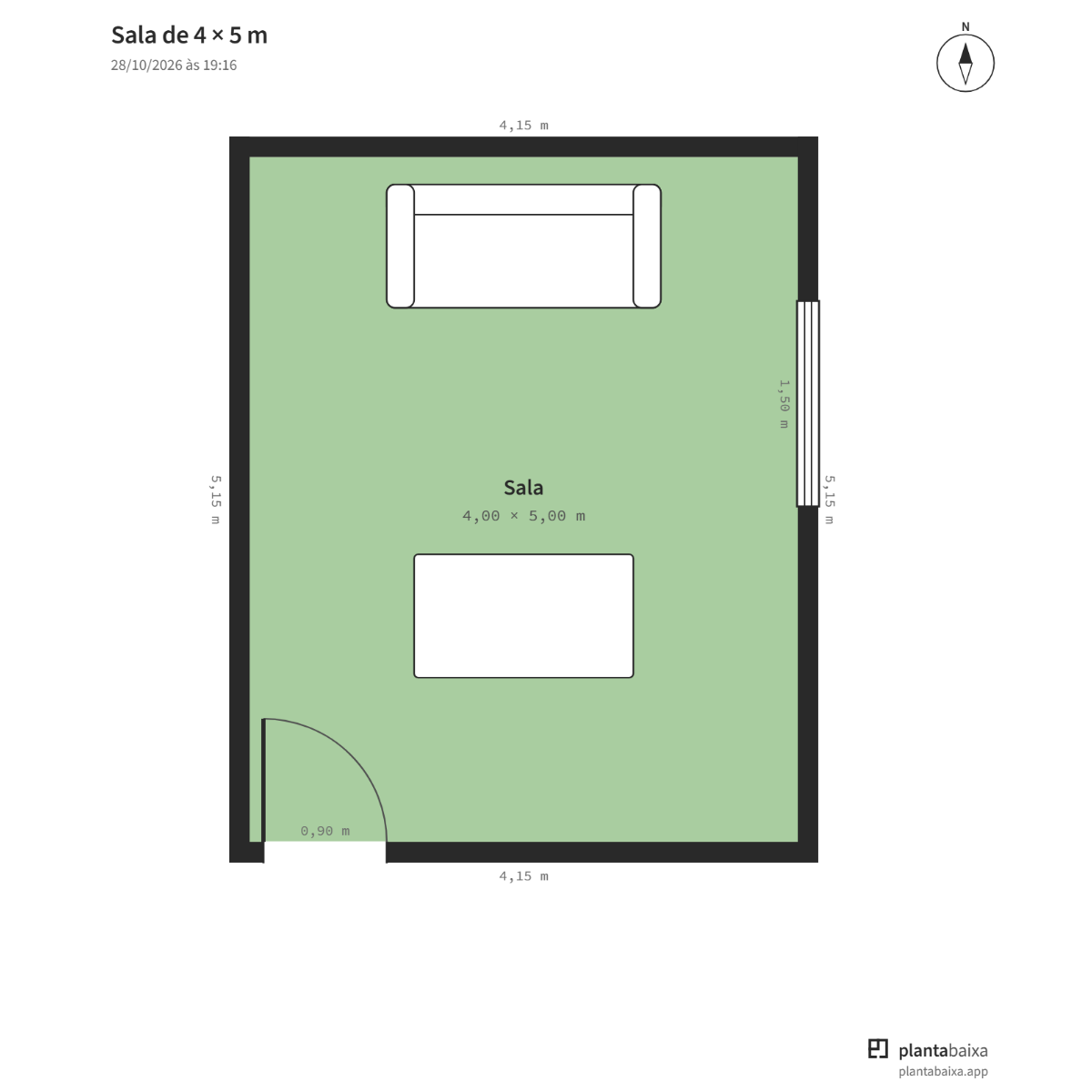 Planta de sala 4 × 5 m com móveis e medidas, com paredes, portas, janelas e móveis vistos de cima.